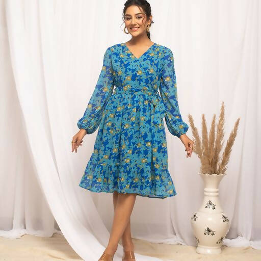 FIORRA Women's Navy Blue Georgette Floral Printed Western Dress - Swadesiicart