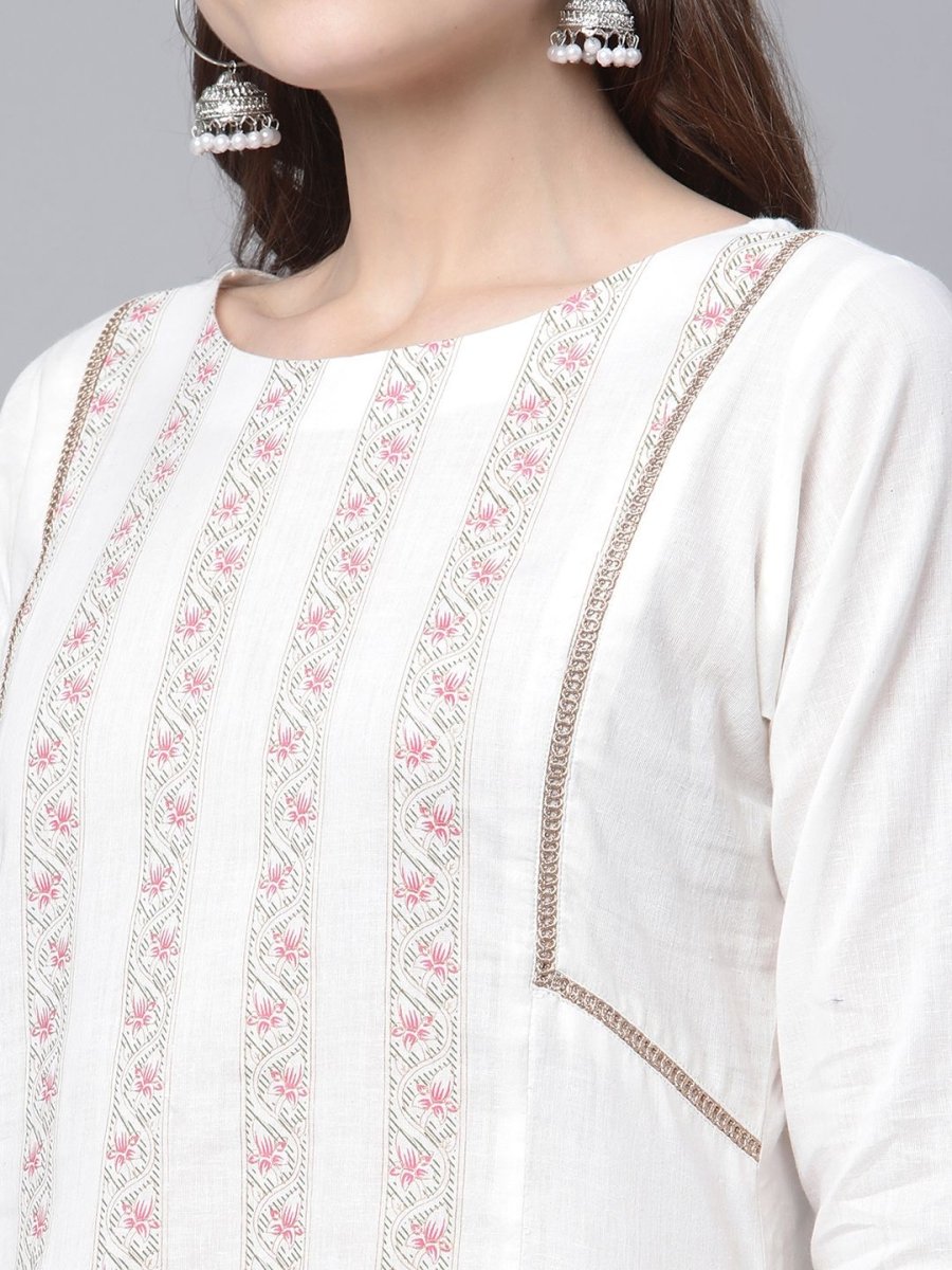 Ahalyaa Women's Off white Pure Cotton Printed Asymmetric Kurta Palazzo Set | Swadesiicart