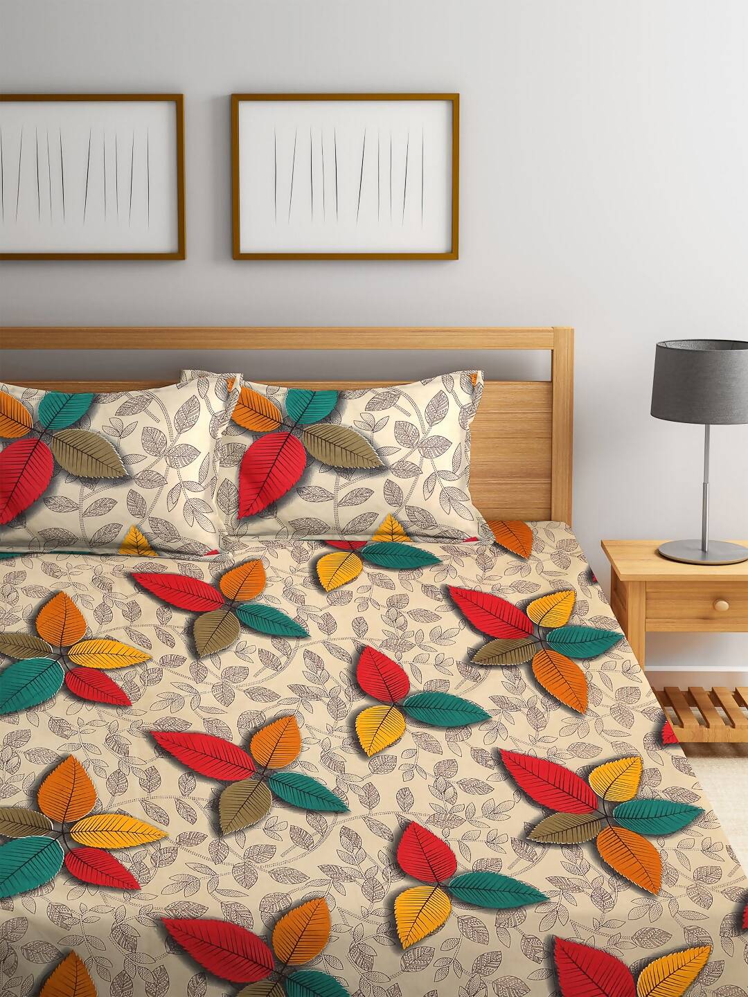 Home Sizzler Cream-Coloured & Red Floral 144 TC Bedsheet with Pillow Covers - Swadesiicart