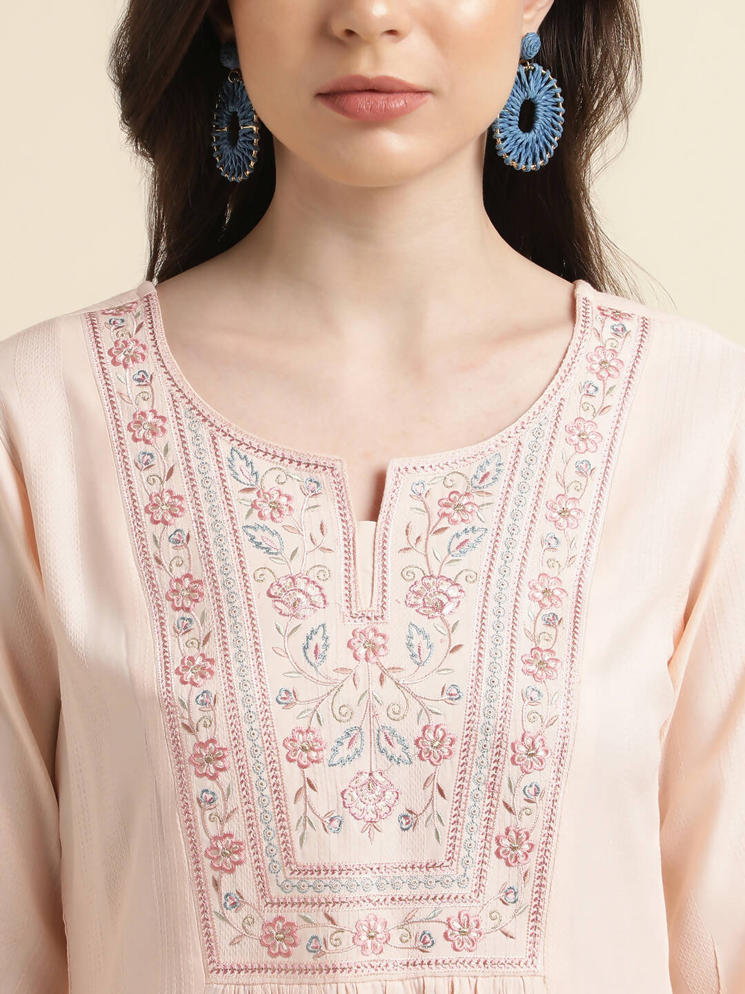 Peach Viscose Rayon Yoke Embroidered A-line Top - Tarini - Swadesiicart