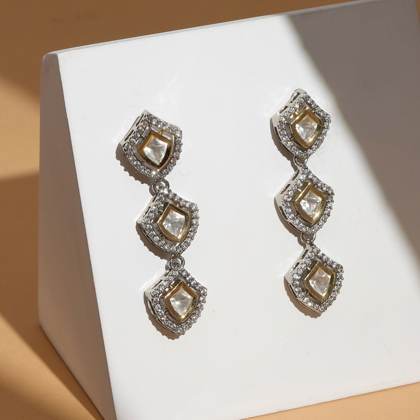 3 Tier Kundan and Diamond Earrings (Silver) - Ruby Raang - Swadesiicart