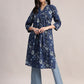 Aavyora Women's Navy Blue Floral Printed Cotton A-Line Kurta with Pintuck Detailing - Swadesiicart