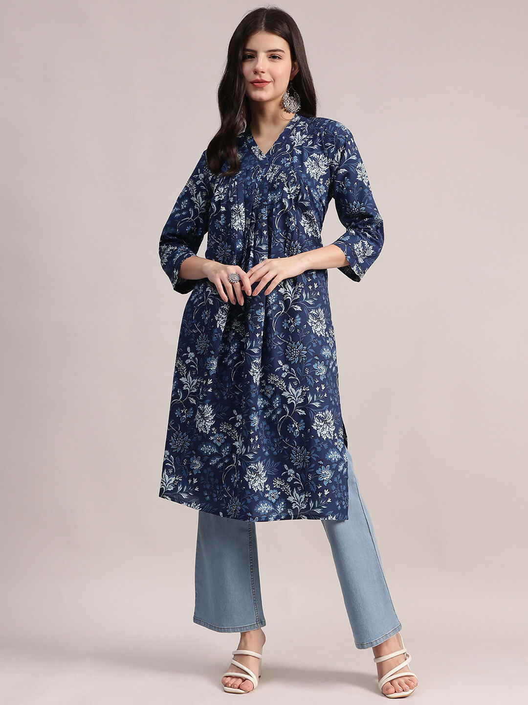 Aavyora Women's Navy Blue Floral Printed Cotton A-Line Kurta with Pintuck Detailing - Swadesiicart