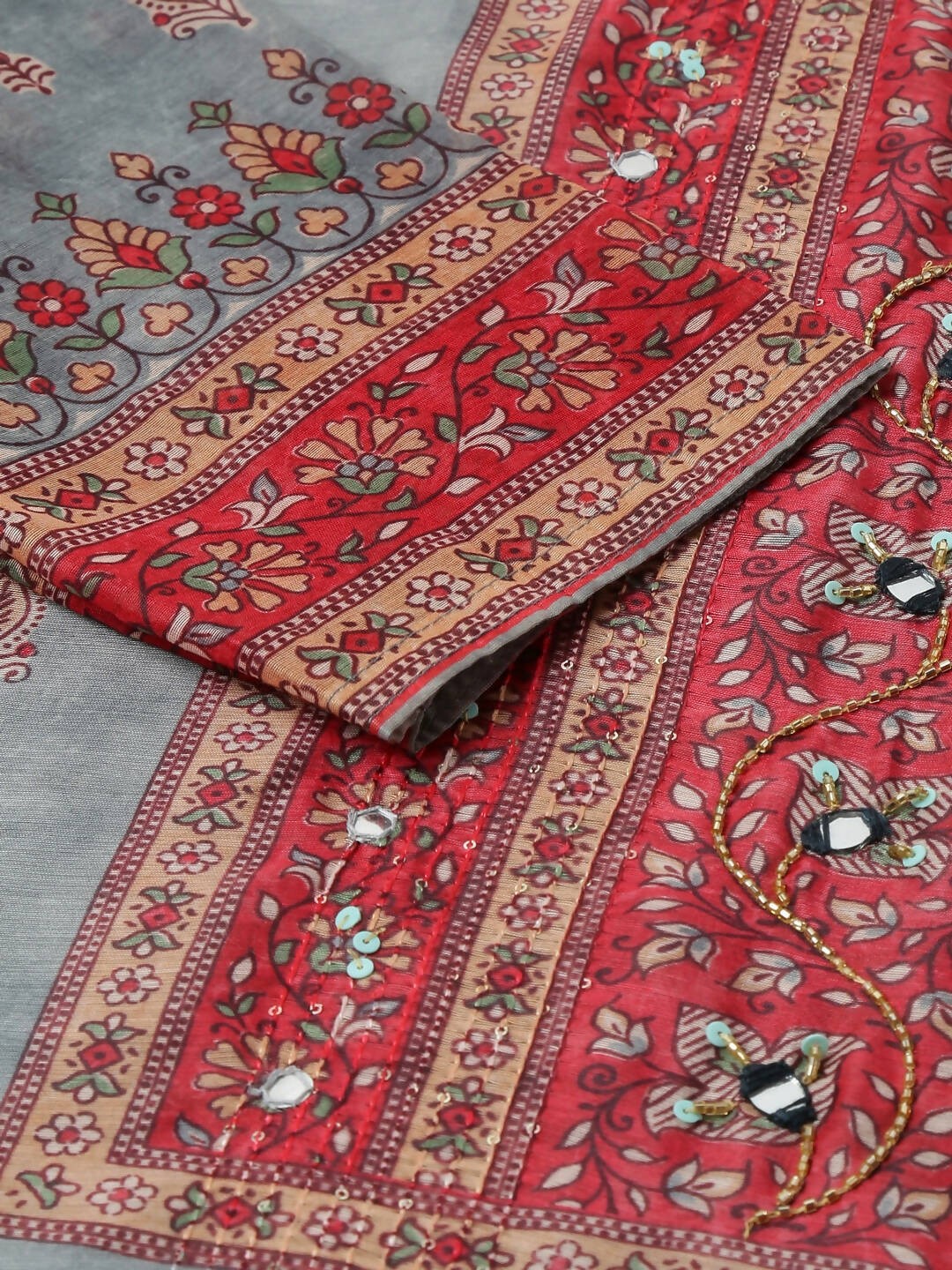 Grey Chinon Digital Printed With Hand Work Kurta - Himanshi - Swadesiicart