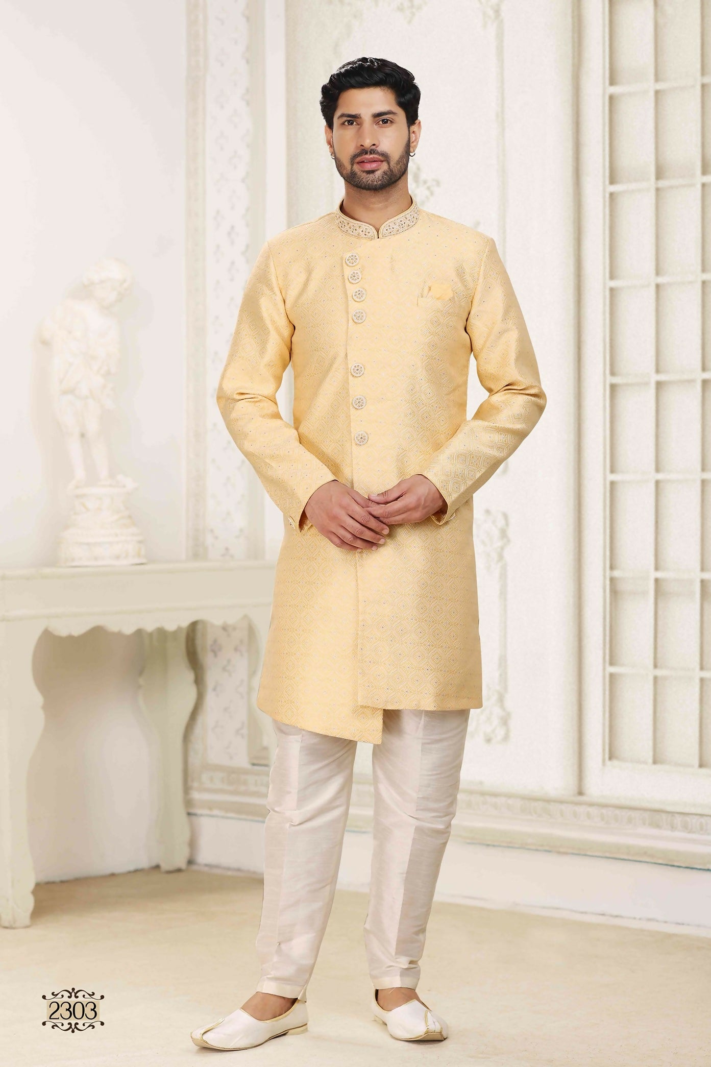 Raivat Ethnic Banarasi Jacquard Embroidery Semi Indo Western Sherwani In Yellow Colour | Swadesiicart