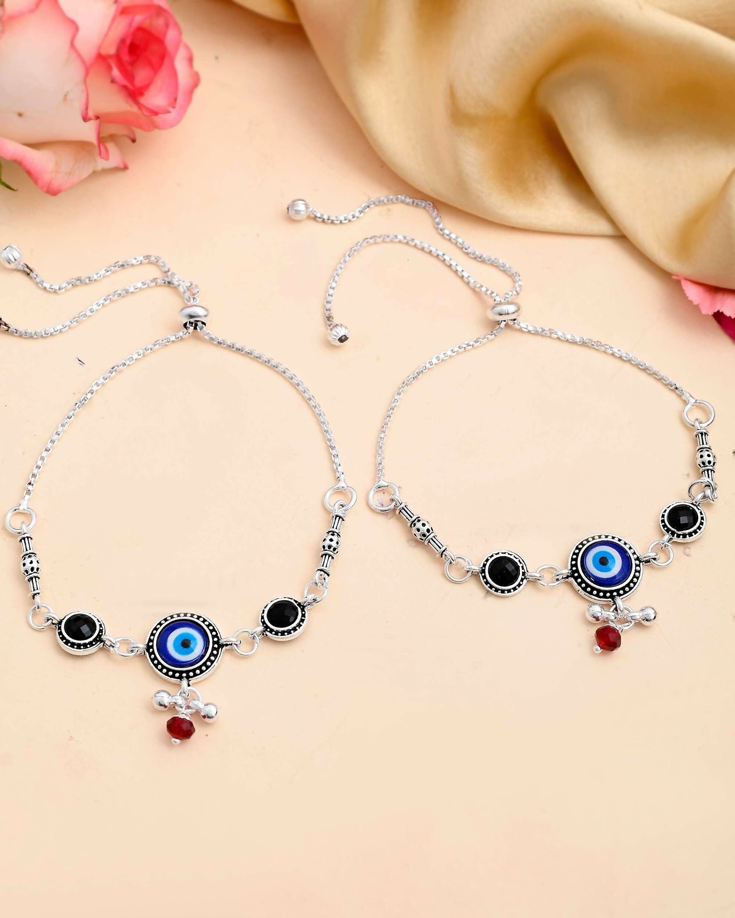 VOJ Set of 2 Silver Plated Evil Eye HandCrafted Adjustable Anklet - Swadesiicart