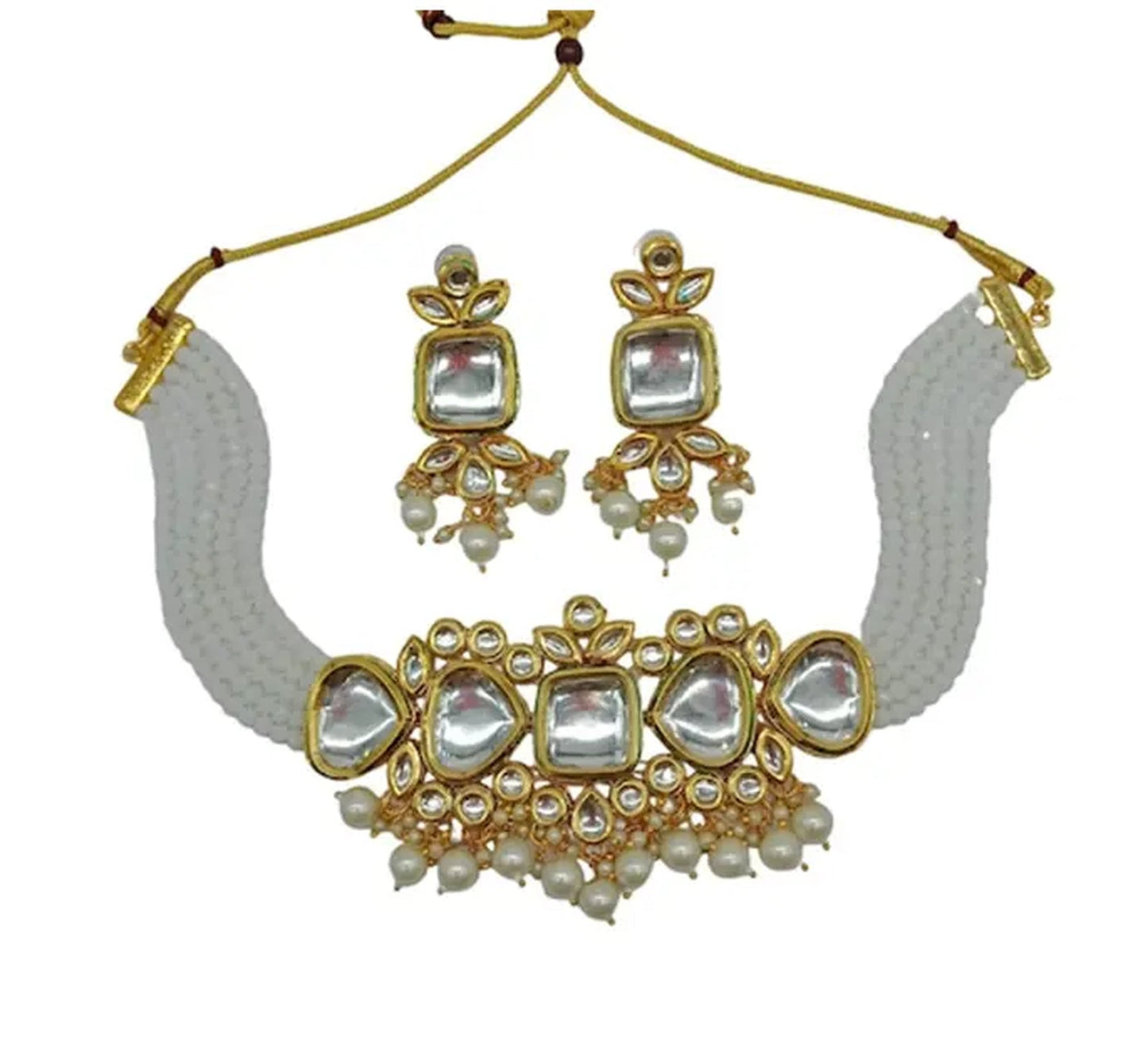 Jewel City Kundan Pearl Choker Necklace Set - Traditional Gold Plated Multi-Strand Pearl Jewelry with Earrings | Swadesiicart