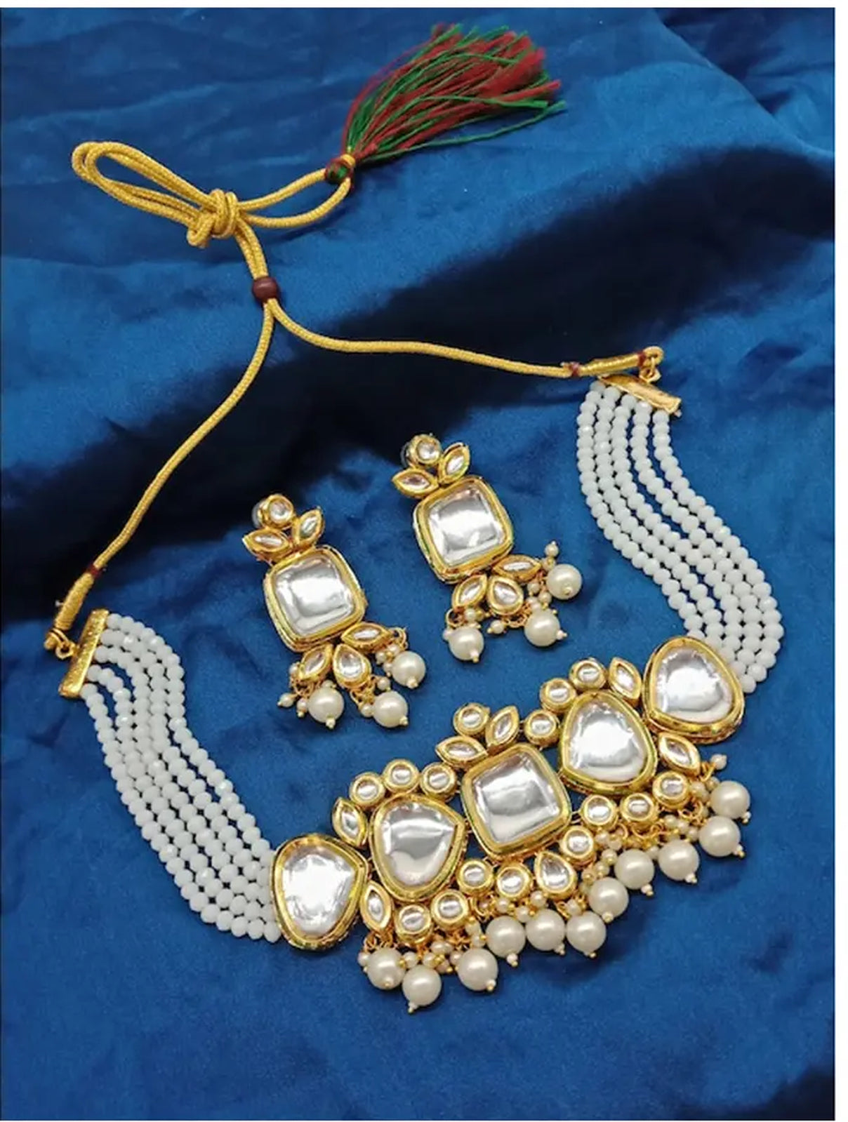 Jewel City Kundan Pearl Choker Necklace Set - Traditional Gold Plated Multi-Strand Pearl Jewelry with Earrings | Swadesiicart