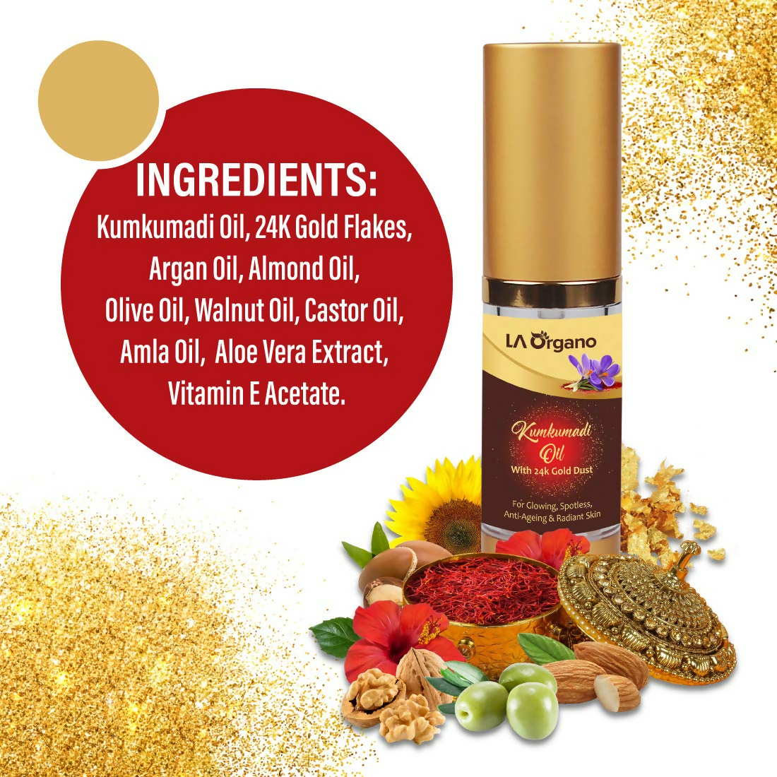 LA Organo Kumkumadi Oil Enriched with 24K Gold Dust | Swadesiicart