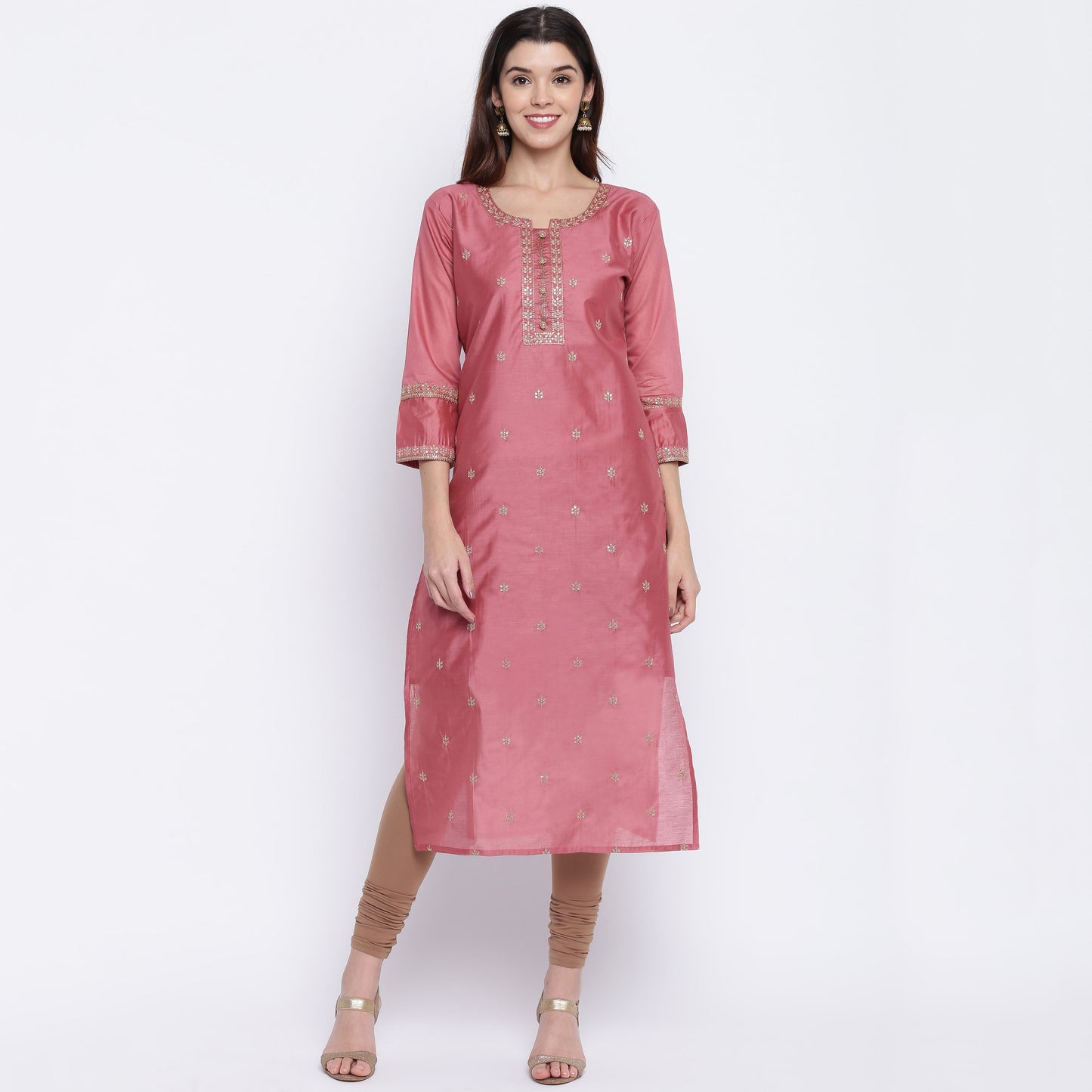 NOZ2TOZ Women's Sequence Work/Hand Work Straight Chanderi Dark Peach Kurta Only - Swadesiicart
