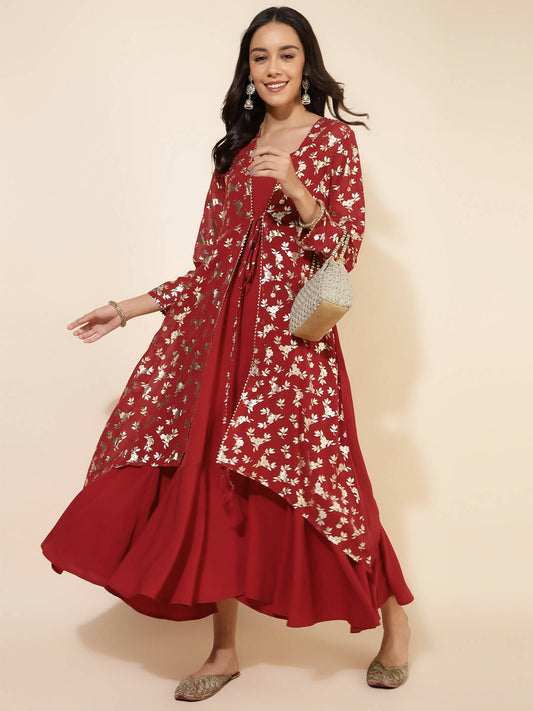 Janasya Women's Red Georgette Foil Printed Festive Flared Dress Set | Swadesiicart