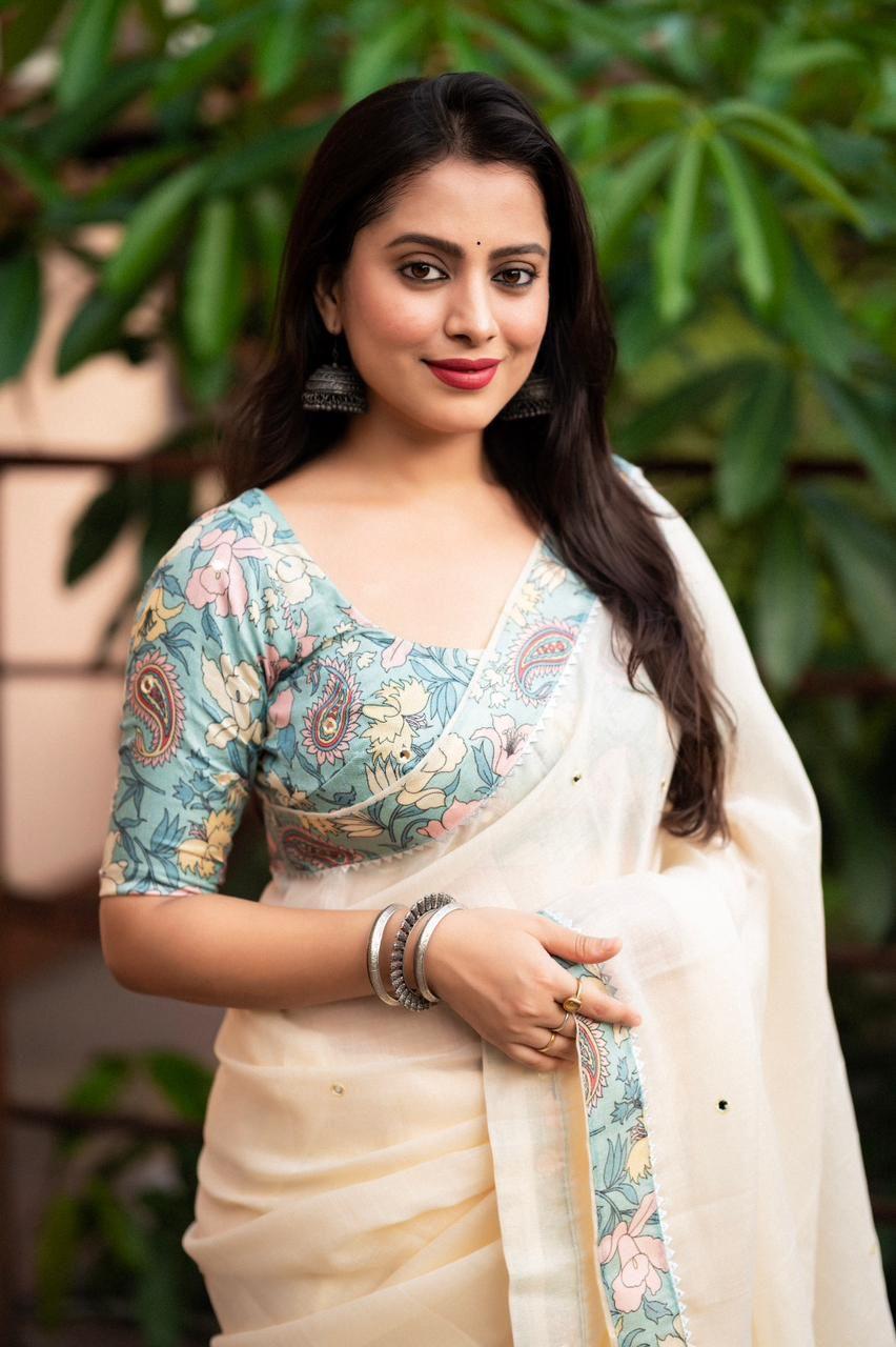 Blue Pure Linen Ethnic Motifs Saree with Unstitched Blouse - Hiral Fashion | Swadesiicart