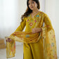 The52 Yellow Women's Gorgeous Embroidered work Viscose Gadhwal Fabric Straight Kurta, Pant and Dupatta Set - Swadesiicart