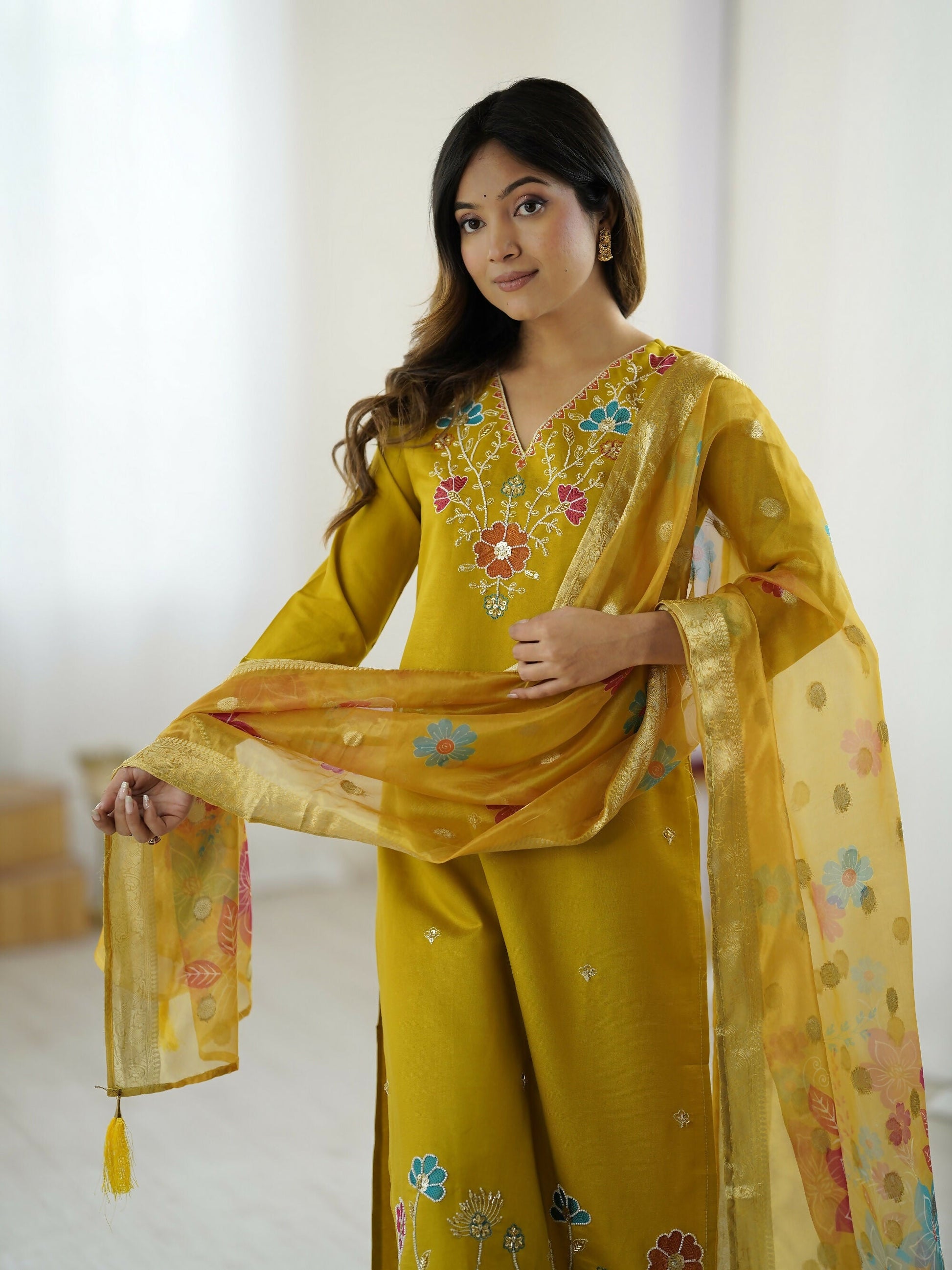 The52 Yellow Women's Gorgeous Embroidered work Viscose Gadhwal Fabric Straight Kurta, Pant and Dupatta Set - Swadesiicart