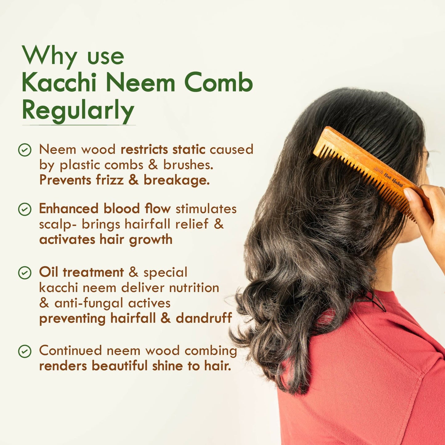 Nat Habit Kacchi Neem Wooden Comb - Soaked In 13 Herbs, Neem & Sesame Oil For Multi-Actions - Swadesiicart