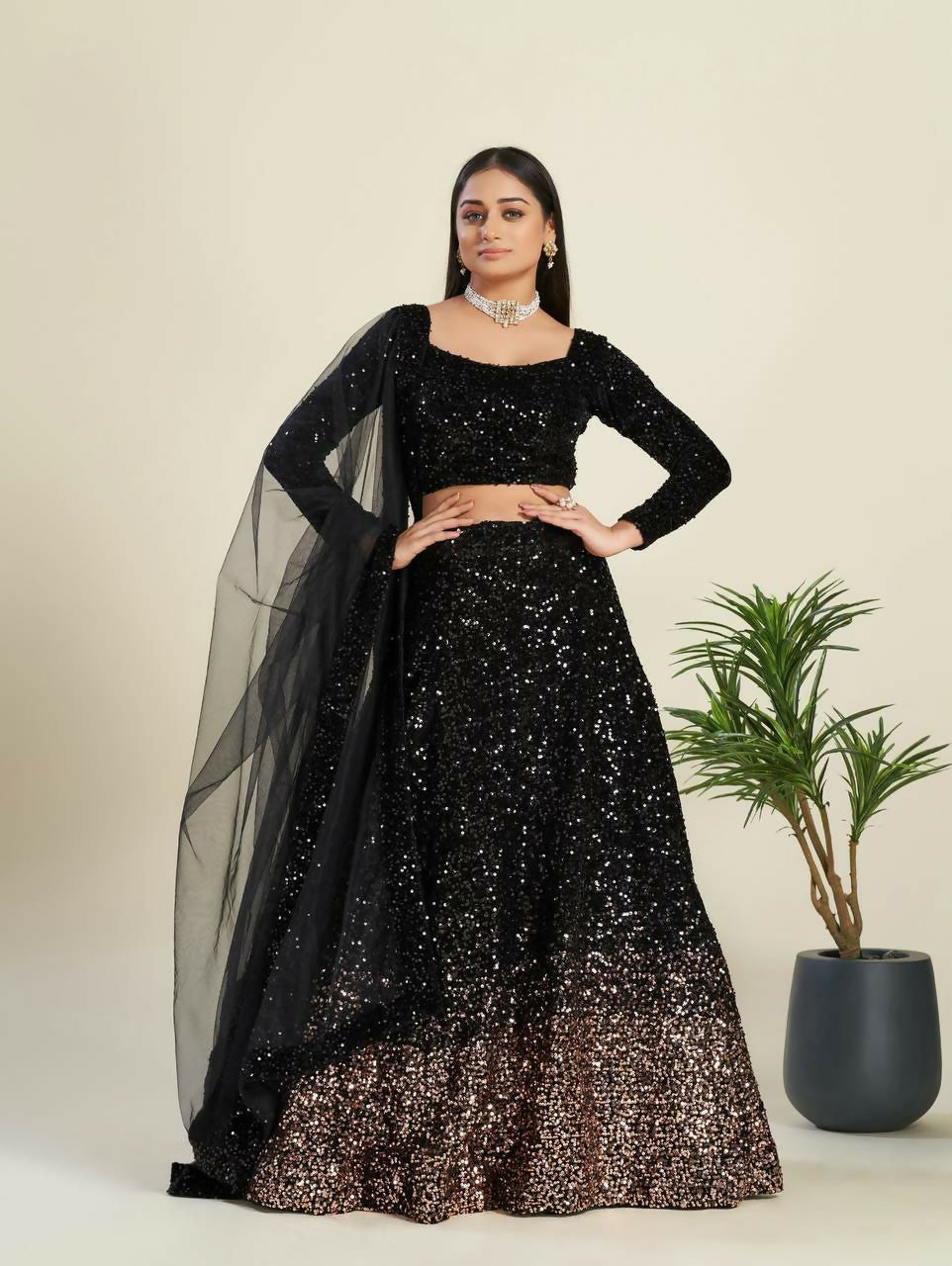 Jyoti Fashion Women's Black Velvet Heavy Sequins Semi Stitched Designer Lehenga Choli Set | Swadesiicart
