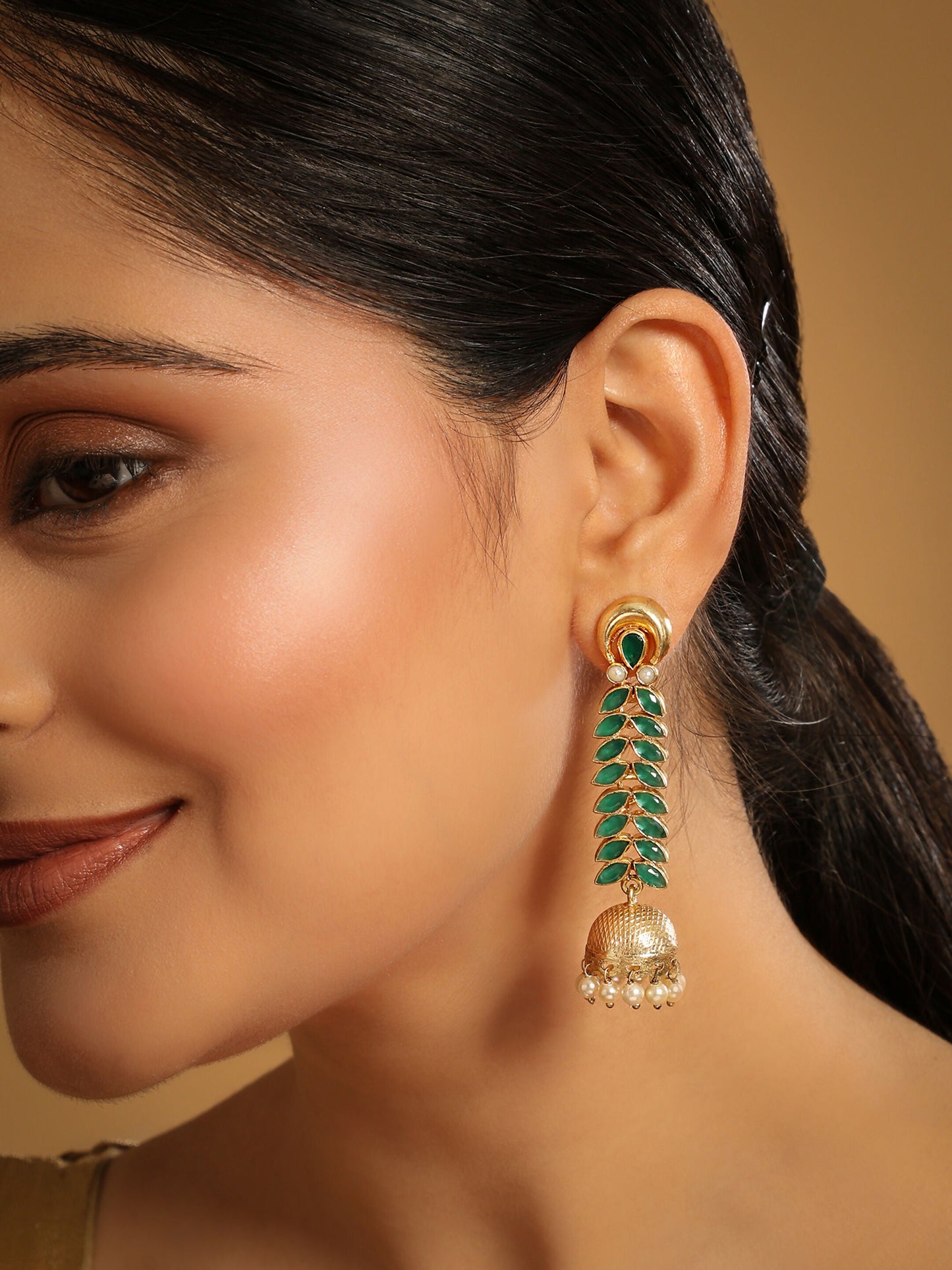 Nuyug 22K Gold Plated Green Fern Earrings | Swadesiicart