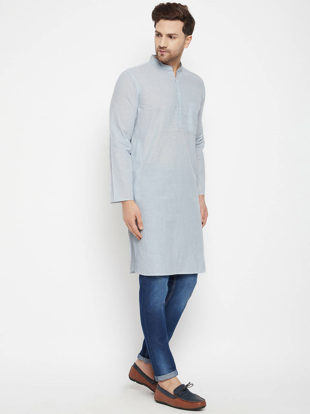 Even Apparels Grey Pure Cotton Men's Long Kurta With Band Collar | Swadesiicart