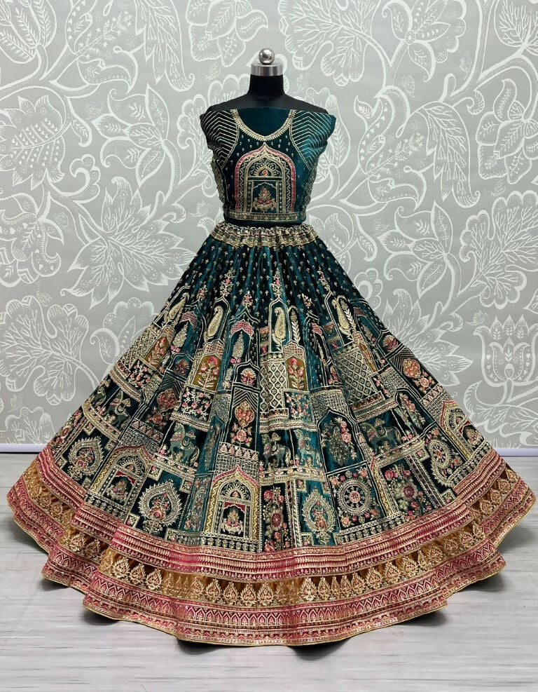 Jyoti Fashion Women's Teal Green Velvet Fancy Dori & Sequins with Multi Thread Embroidered with Diamond Work Wedding Lehenga Choli | Swadesiicart