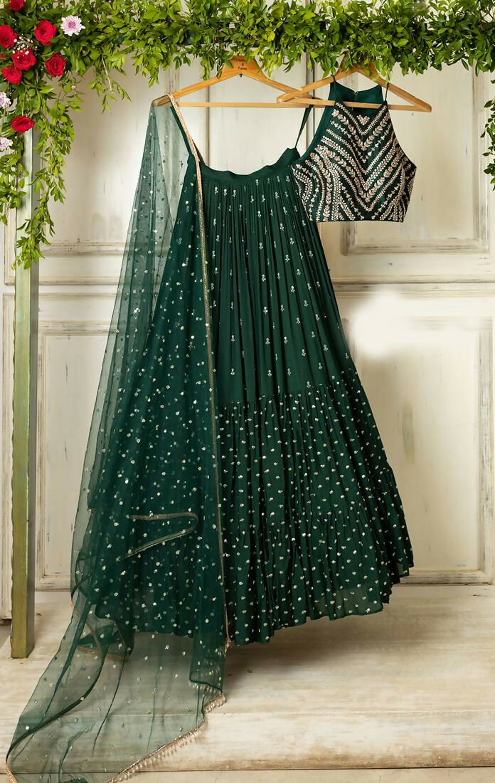 Jyoti Fashion Bottle Green Sequence Embroidery Georgette Designer Lehenga Choli with Dupatta | Swadesiicart