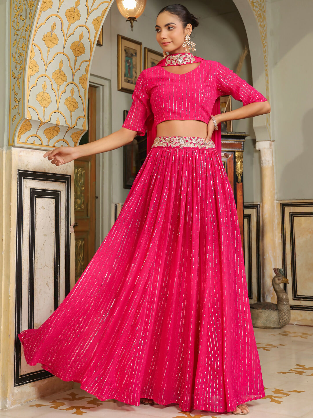 Janasya Pink Georgette Foil Print Lehenga Choli Dupatta | Swadesiicart