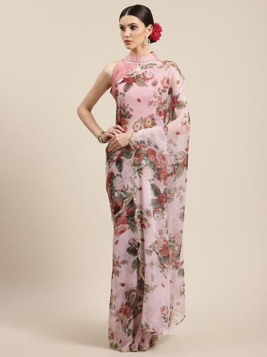 Ahalyaa Women's Pink Chiffon Digital Print Floral Saree | Swadesiicart