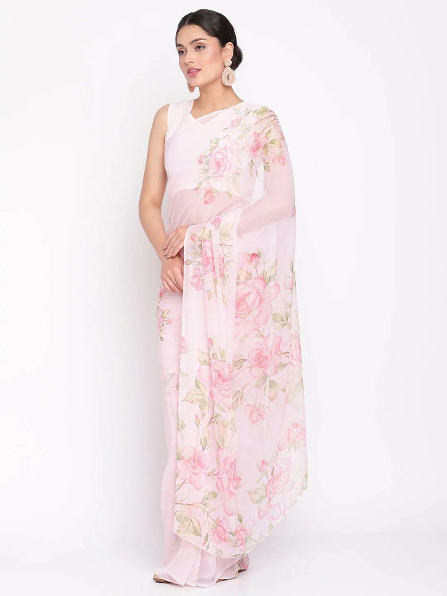 Ahalyaa Women's Baby Pink Digital Print Chiffon Saree | Swadesiicart
