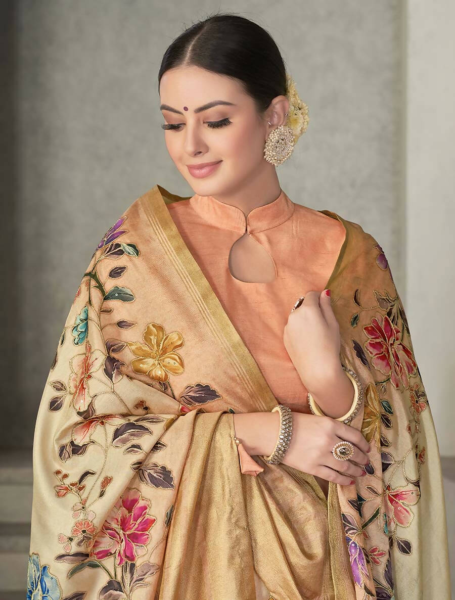 Beige Rangkat Tussar Silk Woven Design Saree with Unstitched Blouse - Mohmanthan Eshani | Swadesiicart