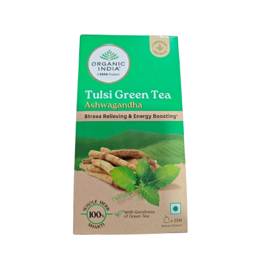 Organic India Tulsi Green Tea Ashwagandha - Herbal Sleep Tea, Caffine Free - Swadesiicart