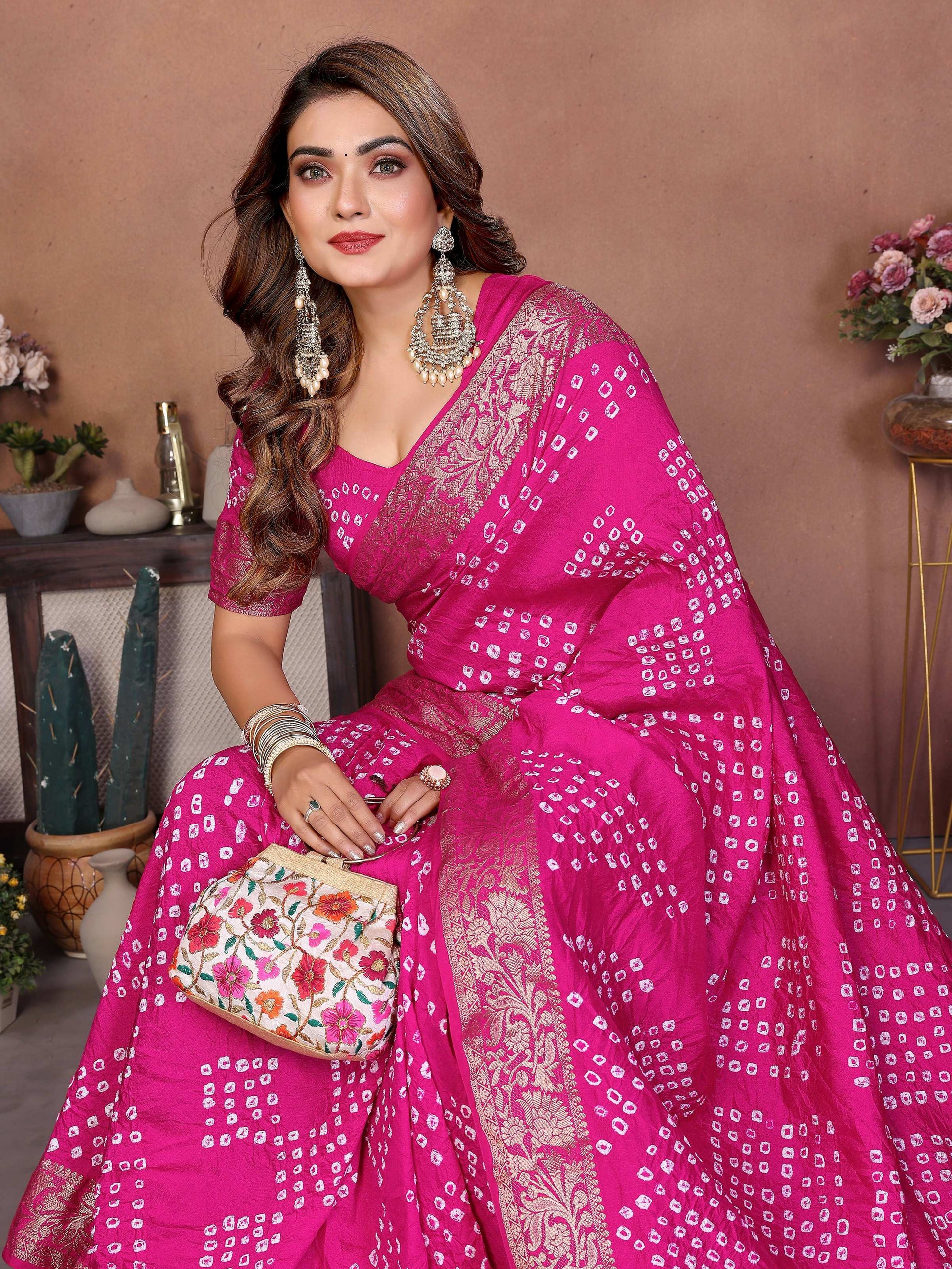 Aastha Fashion Pink Pure Dola Silk Handmade Original Bandhej Saree