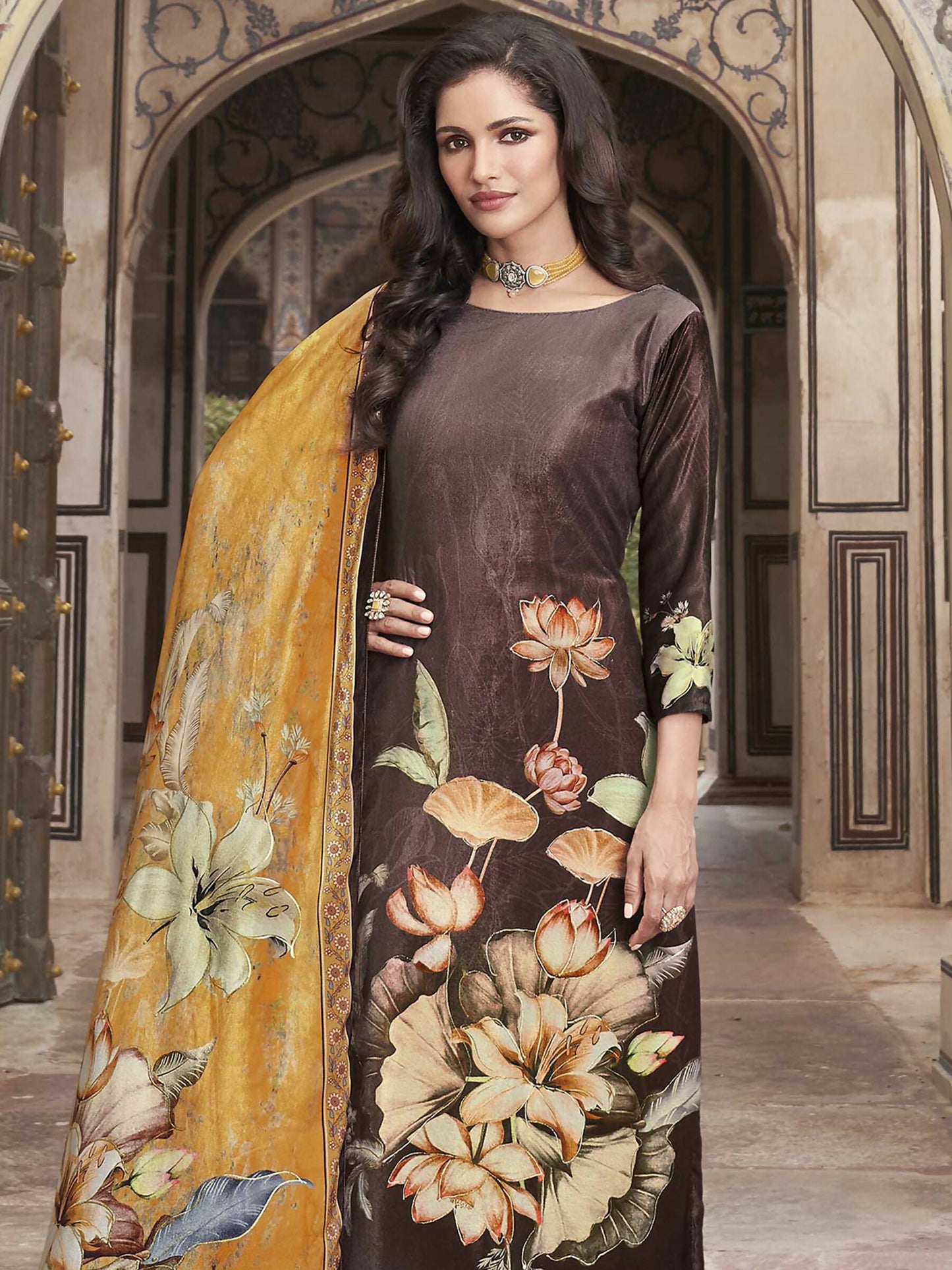 Jyoti Fashion Women's Brown Velvet Floral Digital Printed Kurta with Trouser & Dupatta | Swadesiicart