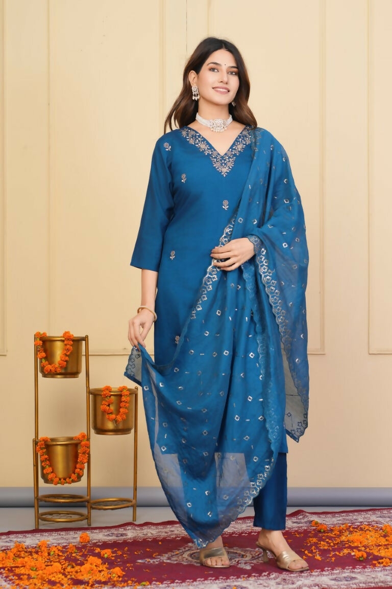 Rama Viscose Chanderi Embroidered Stitched Suit With Dupatta - Tanisha | Swadesiicart