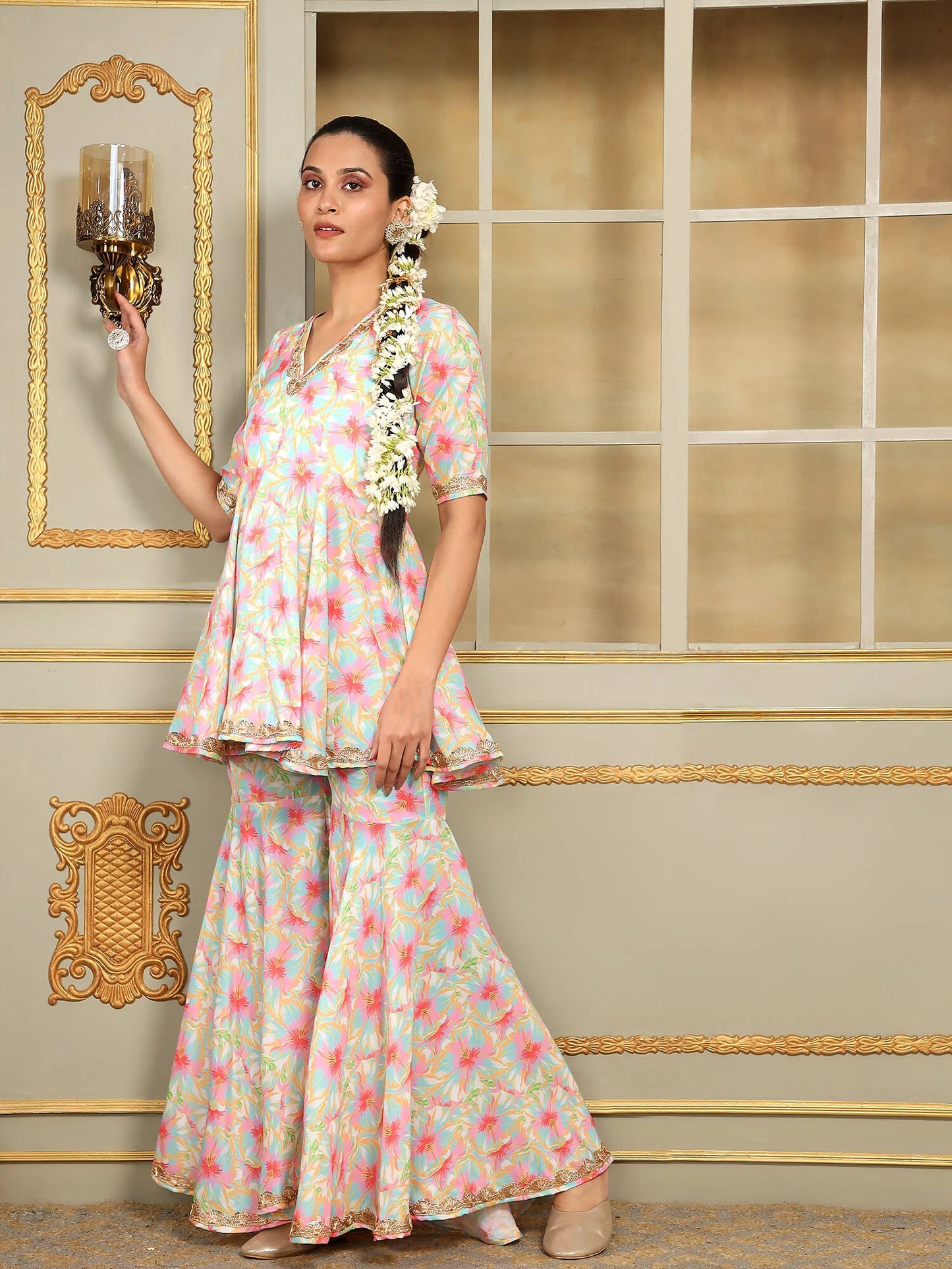 Pomcha Jaipur Pink Saadgi Gulistan Sharara Set | Swadesiicart