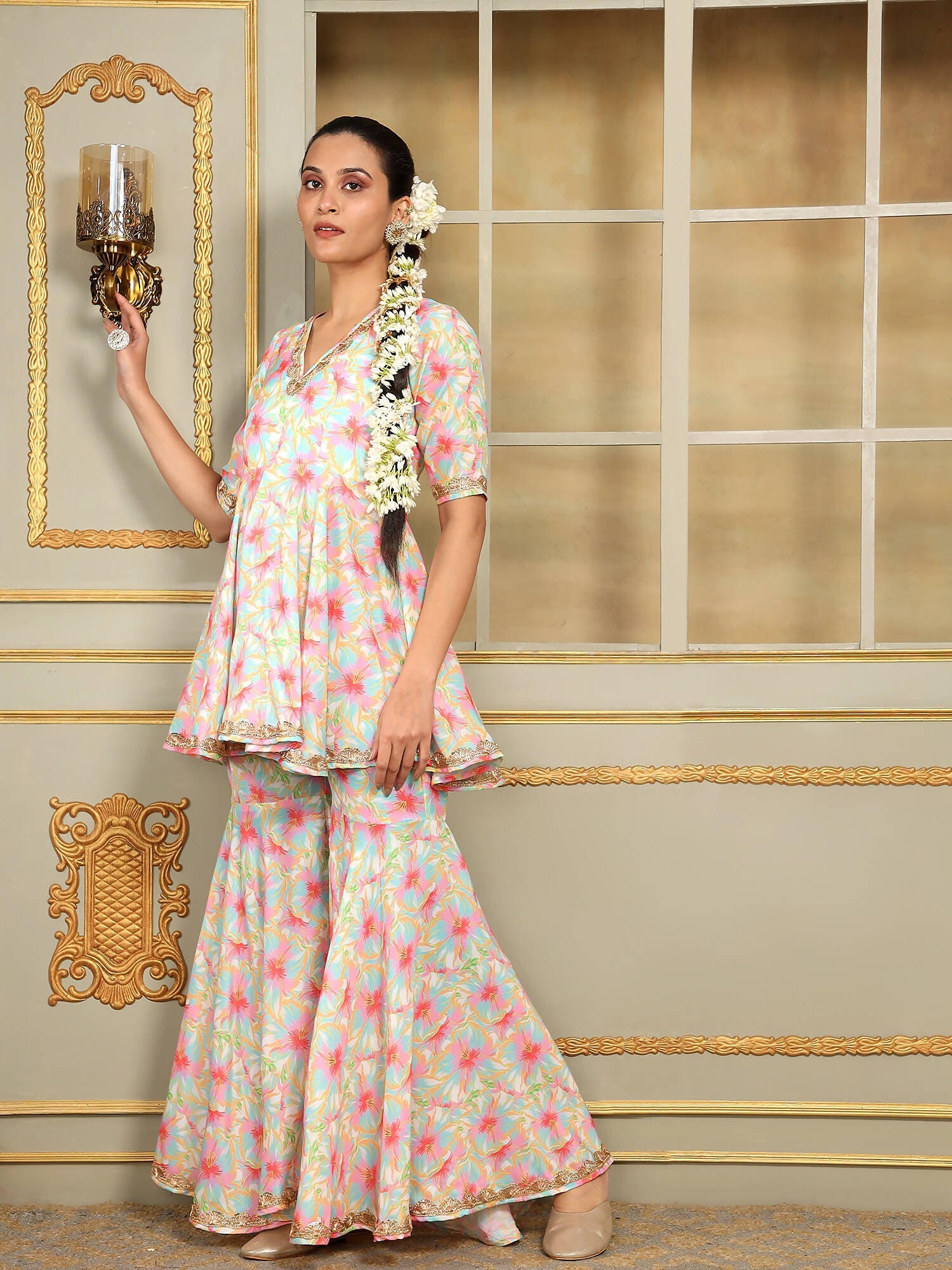 Pomcha Jaipur Pink Saadgi Gulistan Sharara Set | Swadesiicart