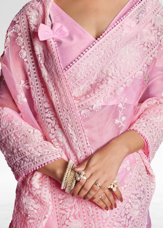Vamsee Pink Organza Saree - Swadesiicart