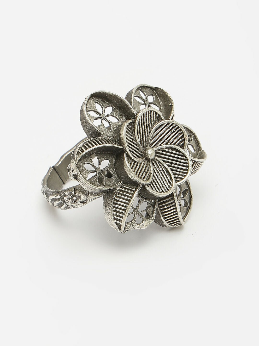 NVR Women's Silver-Toned Floral Shape Adjustable Finger Ring | Swadesiicart