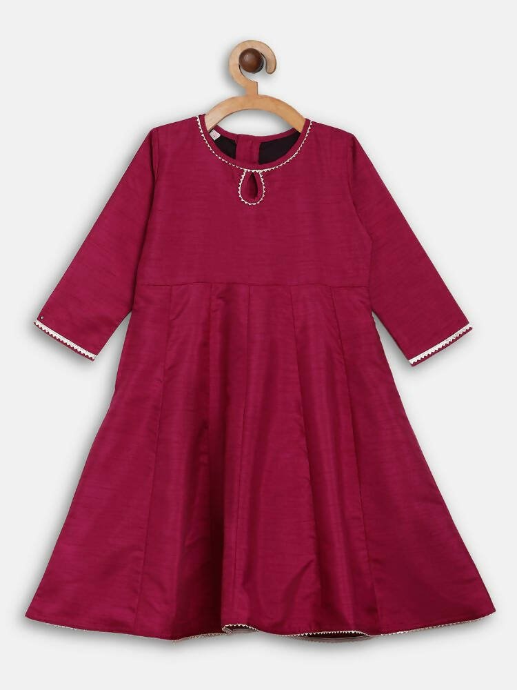 Ahalyaa Wine Poly Silk Curved Kids Kurta Palazzo Set With Bottom For Girls | Swadesiicart