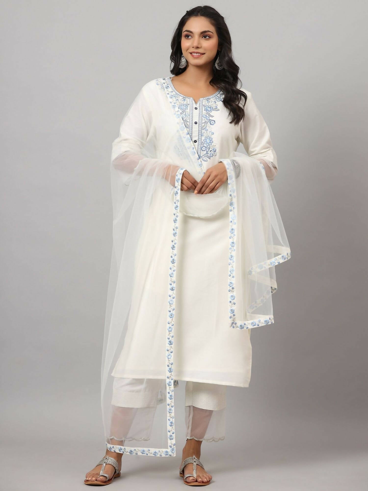 Juniper Women's White Chinnon Solid Embroidered Kurta Set | Swadesiicart