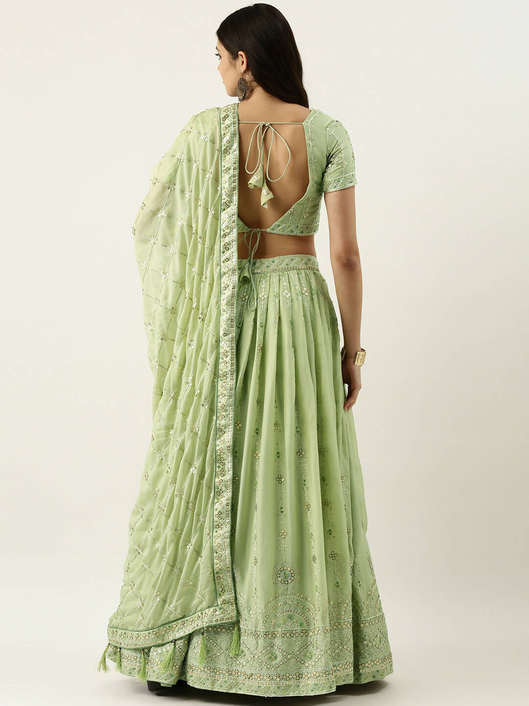 House of Panchhi Pista Green Pure Georgette Embroidered Lehenga & Blouse, Dupatta | Swadesiicart