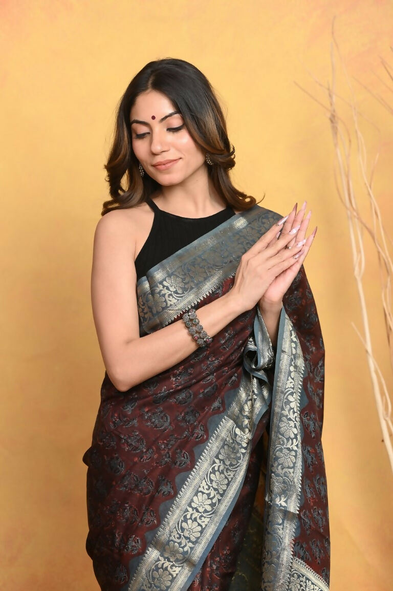 Very Much Indian Modal Silk Ajrakh Handblock Printed Natural Dyes With Designer Border Saree - Dark Maroon | Swadesiicart
