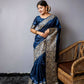 Vishnu Weaves Women's Blue Handloom Raw Silk Woven Border Saree with Unstitched Blouse - Swadesiicart