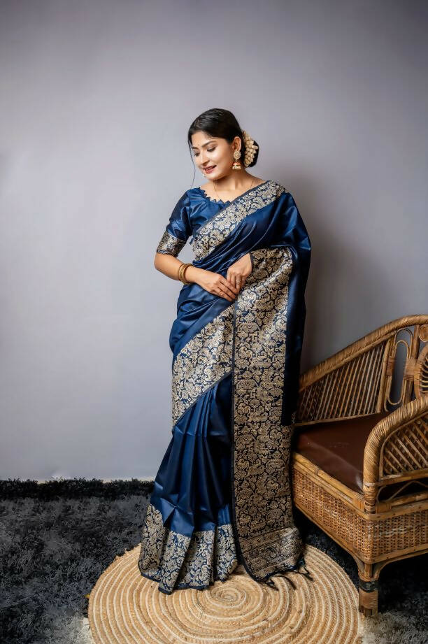 Vishnu Weaves Women's Blue Handloom Raw Silk Woven Border Saree with Unstitched Blouse - Swadesiicart
