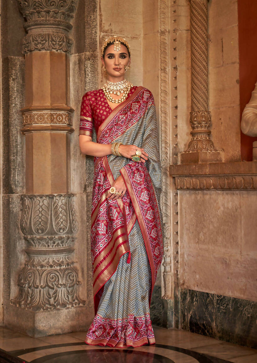 Silver Grey Banarasi Weaving, Ultra Aqua Finish, Zari Work Banarasi Silk Saree - Rath Kunti - Swadesiicart