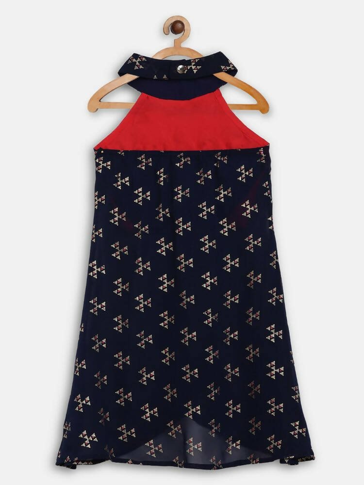 Ahalyaa Navy Printed Chanderi Silk Kids Kurta With Pant For Girls | Swadesiicart