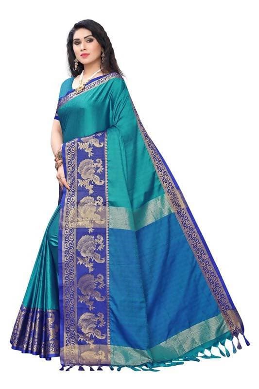 Vamika Banarasi Jacquard Weaving Blue Saree (DHONI BLUE) | Swadesiicart