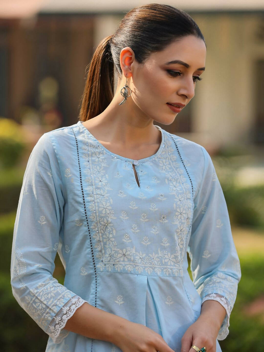Juniper Women's Powderblue Cambric Floral Printed Tunic | Swadesiicart