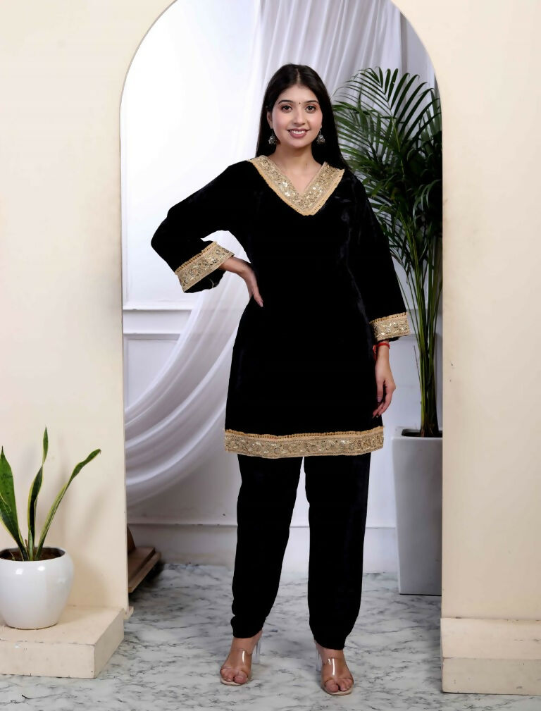 Miravan Women's Black Velvet Dreams Embroidered Co-ord Set - Swadesiicart
