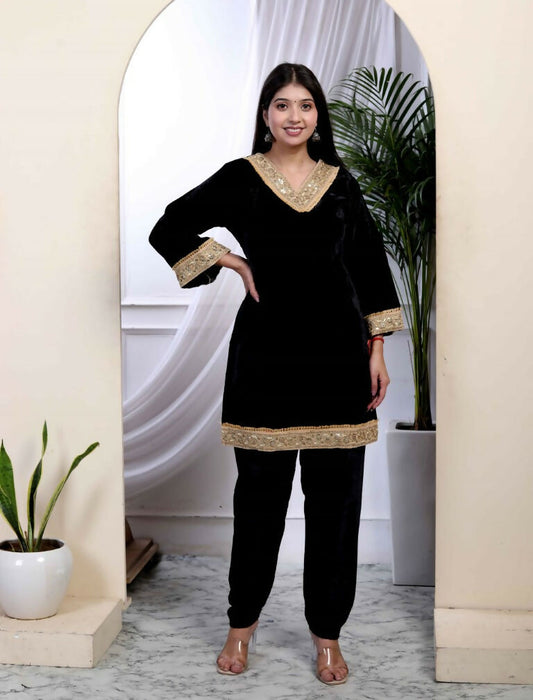 Miravan Women's Black Velvet Dreams Embroidered Co-ord Set - Swadesiicart