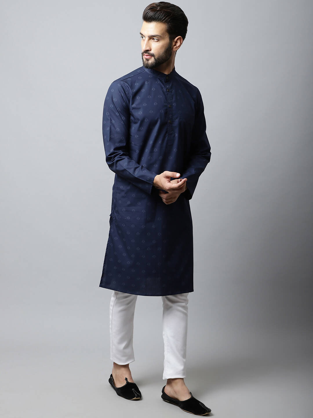 Even Apparels Navy blue Color Pure Cotton Men's Kurta With Band Collar (PRT1184-NVC) | Swadesiicart