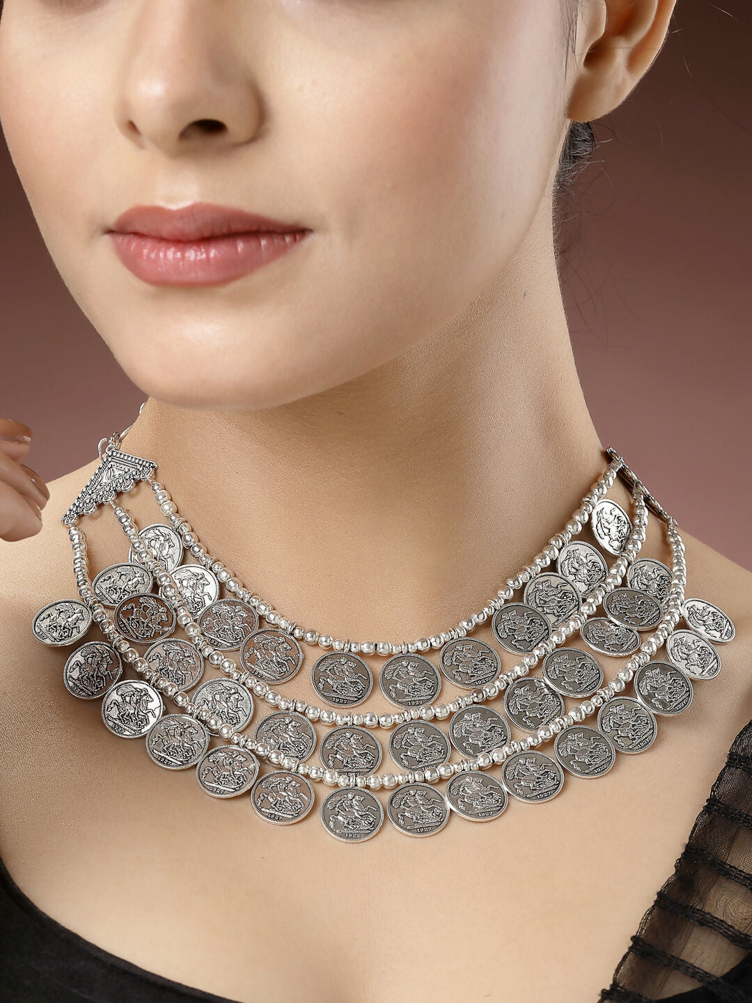 NVR Women's 3 Layered Artificial Beads German Silver Oxidised Necklace | Swadesiicart